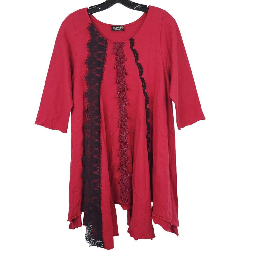 Lee Andersen Tunic Top Red Black Lace Women Size M Boho Lagenlook Artsy Hippie